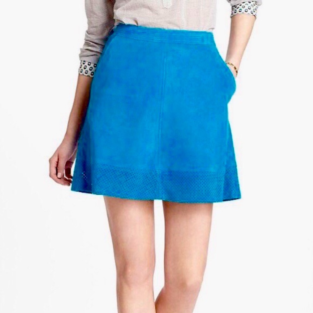 Anthro Leifsdottir Perforations Turquoise Blue Suede Mini Skirt Perforated Hem